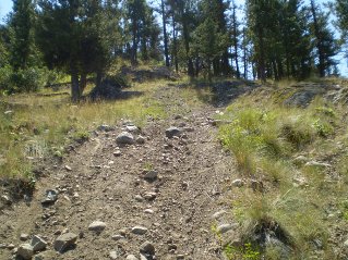 Trail merges into a gravel road intersecting from the right(west), Mount Eneas 2011-08.